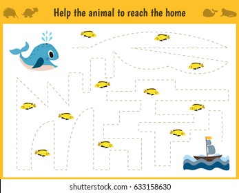 Maze game. Educational children cartoon game for children of preschool age. Help to find the way home in the sea the whale and feed him fish. Vector illustration