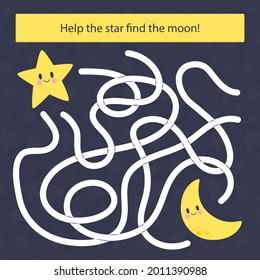 Maze game. Educational labyrinth for children. Find path solution. Way search puzzle. Connect correct track, trail. Kindergarten, school, preschool learning picture design. Vector illustration.