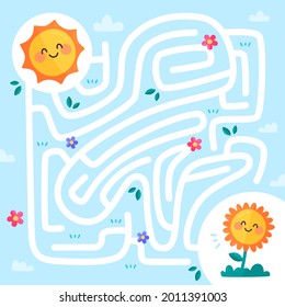 Maze game. Educational labyrinth for children. Find path solution. Way search puzzle. Connect correct track, trail. Kindergarten, school, preschool learning picture design. Vector illustration.