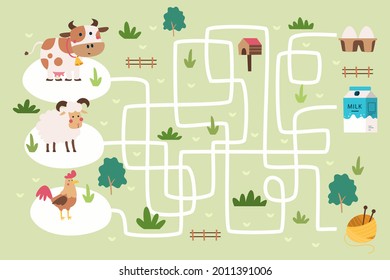 Maze game. Educational labyrinth for children. Find path solution. Way search puzzle. Connect correct track, trail. Kindergarten, school, preschool learning picture design. Vector illustration.