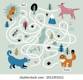 Maze game. Educational labyrinth for children. Find path solution. Way search puzzle. Connect correct track, trail. Kindergarten, school, preschool learning picture design. Vector illustration.