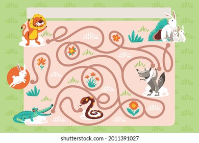 Maze game. Educational labyrinth for children. Find path solution. Way search puzzle. Connect correct track, trail. Kindergarten, school, preschool learning picture design. Vector illustration.