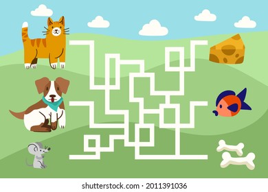 Juego de Maze. El laberinto educativo para los niños. Buscar solución de ruta de acceso. Rompecabezas de búsqueda de caminos. Conectar la pista correcta, la pista. Jardines de infancia, escuela, diseño de imágenes de aprendizaje preescolar. Ilustración vectorial.