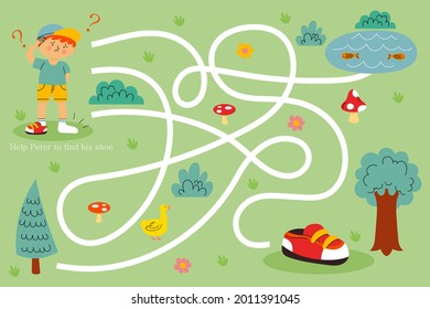 Maze game. Educational labyrinth for children. Find path solution. Way search puzzle. Connect correct track, trail. Kindergarten, school, preschool learning picture design. Vector illustration.