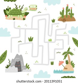 Maze game. Educational labyrinth for children. Find path solution. Way search puzzle. Connect correct track, trail. Kindergarten, school, preschool learning picture design. Vector illustration.