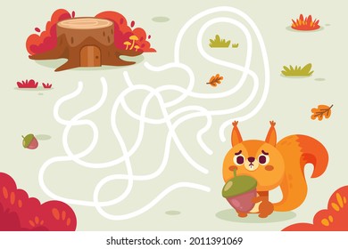 Maze game. Educational labyrinth for children. Find path solution. Way search puzzle. Connect correct track, trail. Kindergarten, school, preschool learning picture design. Vector illustration.