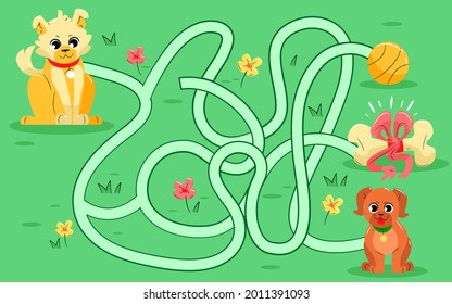 Maze game. Educational labyrinth for children. Find path solution. Way search puzzle. Connect correct track, trail. Kindergarten, school, preschool learning picture design. Vector illustration.