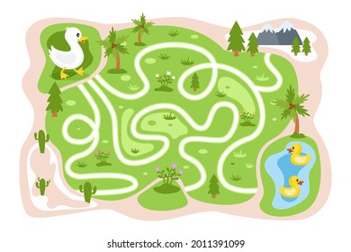 Maze game. Educational labyrinth for children. Find path solution. Way search puzzle. Connect correct track, trail. Kindergarten, school, preschool learning picture design. Vector illustration.