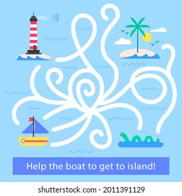 Maze game. Educational labyrinth for children. Find path solution. Way search puzzle. Connect correct track, trail. Kindergarten, school, preschool learning picture design. Vector illustration.