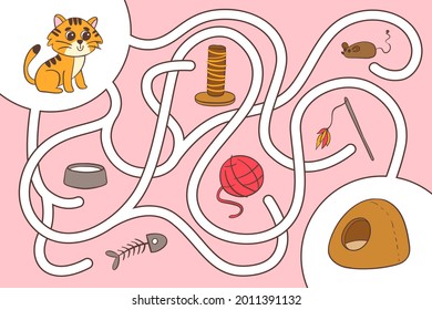 Maze game. Educational labyrinth for children. Find path solution. Way search puzzle. Connect correct track, trail. Kindergarten, school, preschool learning picture design. Vector illustration.