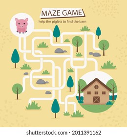 Maze game. Educational labyrinth for children. Find path solution. Way search puzzle. Connect correct track, trail. Kindergarten, school, preschool learning picture design. Vector illustration.