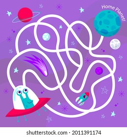 Maze game. Educational labyrinth for children. Find path solution. Way search puzzle. Connect correct track, trail. Kindergarten, school, preschool learning picture design. Vector illustration.