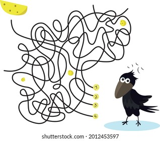 Maze game educational labyrinth for children cute crow with cheese vector image.