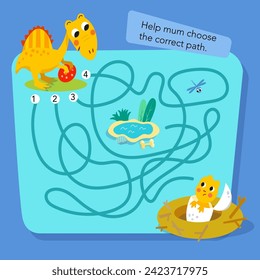 Maze game. Educational puzzle game for kids. Cute flat simple dinosaurs. Vector colour illustration. 