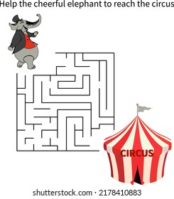 Maze game with elephant. Cartoon labyrinth education puzzle. Help the cheerful elephant to reach the circus. Vector kids activity worksheet.