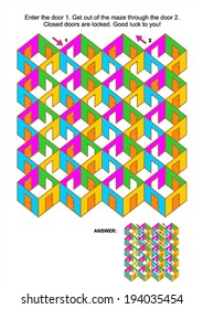 Maze game: Enter the door 1. Get out of the maze through the door 2. Answer included. 