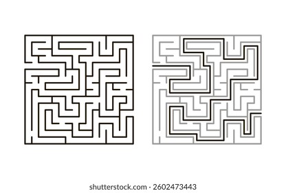 Maze game, exploration and strategy. Square riddle challenge with ready solution. Winding corridors in engaging puzzle with twists, turns and hidden pathways. Vector illustration on white background