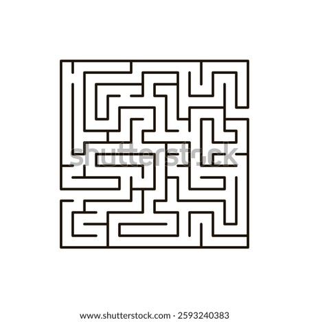 Maze game, exploration and strategy. Square riddle challenge. Winding corridors in engaging puzzle with twists, turns and hidden pathways. Vector illustration on white background
