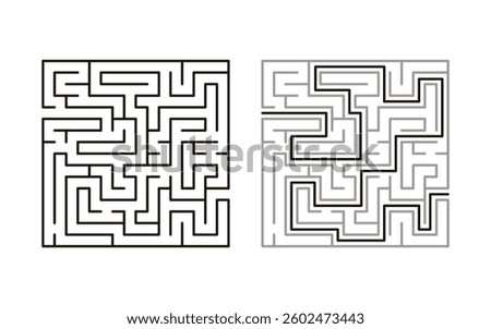 Maze game, exploration and strategy. Square riddle challenge with ready solution. Winding corridors in engaging puzzle with twists, turns and hidden pathways. Vector illustration on white background