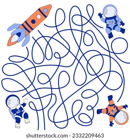 Maze-Spiel. Finden Sie, wie viele Astronauten zur Rakete zurückkehren müssen. Kinderpädagogik. Vektorgrafik für Aktivitätsbuch.