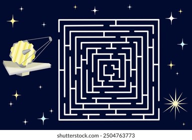 Maze game. Find the right way to observe the big star with the space telescope. Children's educational games. Vector illustration for activity book.