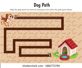 Maze game, find the way. Vector illustrations for children's books. Cartoon Illustration of maze puzzle game showing dog and dog house, line tracing skills for kindergarten, preschool activity.