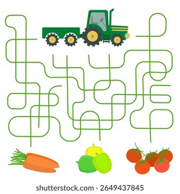 Maze game. Find what vegetables the tractor will collect. Educational games for children. Vector illustration for worksheet, activity book, print.