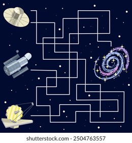 Maze game. Find which telescope can see a distant galaxy. Children's educational games. Vector illustration for activity book.