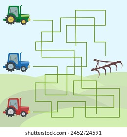 Juego de laberinto. Encuentra cuál de los tres tractores tomará un arado. Juegos educativos para niños. Ilustración vectorial para libro de actividades, imprimir.