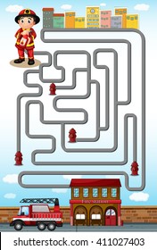 Maze game with fire fighter and station illustration