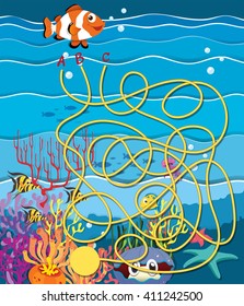 Maze game with fish and coral reef illustration