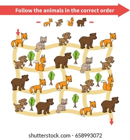 Maze Game. Follow the animals in the correct order.Children education game.