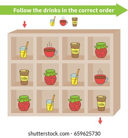 Maze Game. Follow the drinks  in the correct order.Children education game.