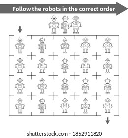 Maze Game. Follow the robots in the correct order.Children education game.