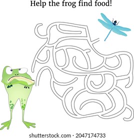 Maze game with frog. Help the frog find food. Labyrinth. Children's game for children. Vector illustration isolated on white background. 