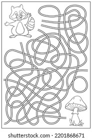 Juego de mazorca y libro de laberinto y colorido divertido para los niños. Encuentra el camino para el lindo mapache de dibujos animados a las setas. Página de actividades de educación infantil y hoja de trabajo. Ilustración vectorial de dibujos animados.