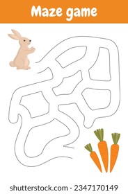 Maze game. Go through maze to reach the goal. Printable worksheets, activities for children. Logical games for preschool, kindergarten learning, homeschooling. Cute vector bunny.