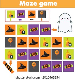 Maze game. Halloween Labyrinth with navigation. Help ghost find sweets learning left, right, up and down. Educational page for kids.