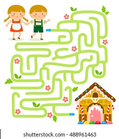 Maze game. Hansel and Gretel find the gingerbread house.