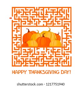 Maze Game. Happy Thanksgiving Day Card. Vector Illustration