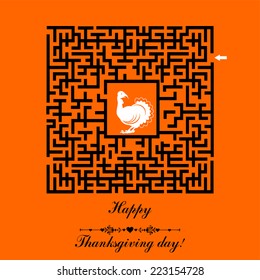  Maze Game. Happy Thanksgiving Day Card. Vector Illustration