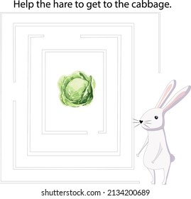 Juego de Maze con liebre. Rompecabezas educativo del laberinto de caricaturas. Ayuda a la liebre a llegar a la col. Hoja de trabajo de actividad de los niños vectores.