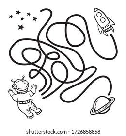 Maze game. Help the astronaut find the path to the rocket. Worksheet for education. Vector lined space illustration. Maze shape design element.