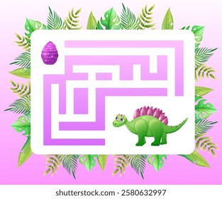Maze game help dinosaur find correct way for magic egg. Vector illustration