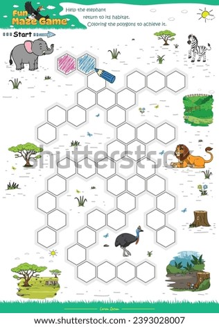 Maze Game Help the elephant to reach its habitat by coloring the polygons. Ready to use, easy to edit, ready to print, vector. fun kids activities, fun puzzle game for kids. animal puzzle game