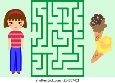 Maze Game. Help the Girl to Get Ice-Cream. Puzzle. Vector Illustration.