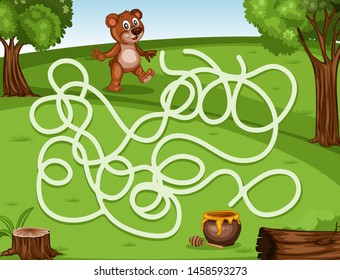 Maze Game Help the Little Bear to Rich the Honey. Vector Illustration Activity Game for Kids. Labyrinth Vector Cartoon Game with Animals