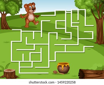 Maze Game Help the Little Bear to Rich the Honey. Vector Illustration Activity Game for Kids. Labyrinth Vector Cartoon Game with Animals
