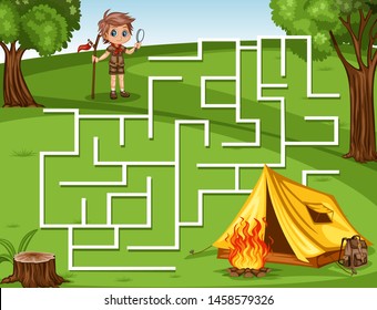 Maze Game Help the Little Boy Scout to Rich the Camping Tent, Backpack and Campfire. Vector Illustration Activity Game for Kids. Labyrinth Vector Cartoon Game
