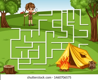 Maze Game Help the Little Boy Scout to Rich the Camping Tent, Backpack and Campfire. Vector Illustration Activity Game for Kids. Labyrinth Vector Cartoon Game